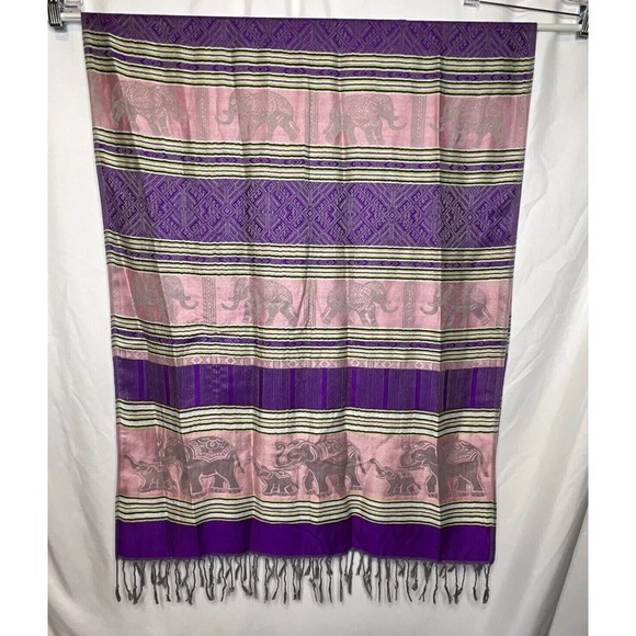 Pashmina Shawl Wrap Scarf Womens Purple Pink Gray w/ Elephant Print fringed ends - Picture 9 of 11